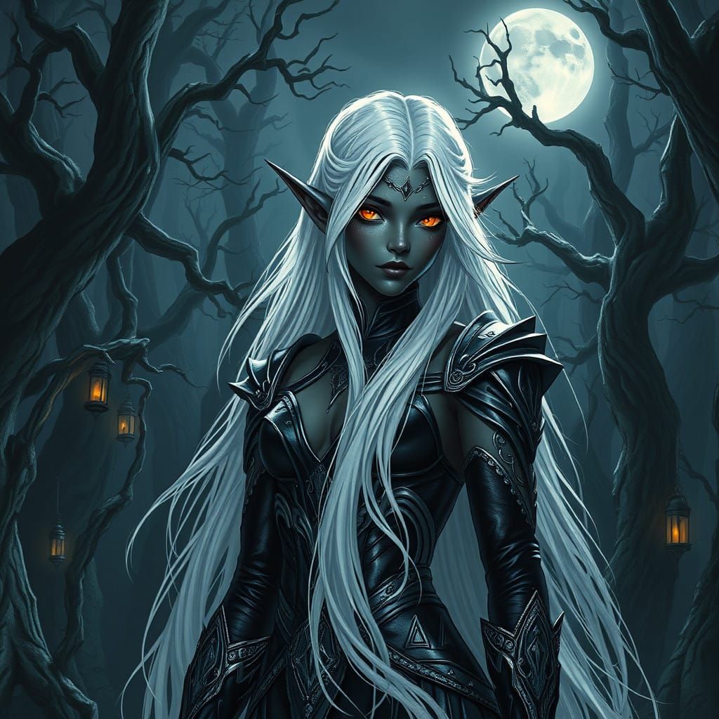 Ethereal Dark Elf Maiden Under Silvery Moonlight