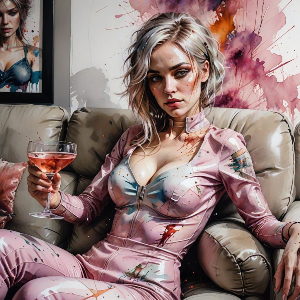 Platinum Haired Woman in Pink Latex Catsuit