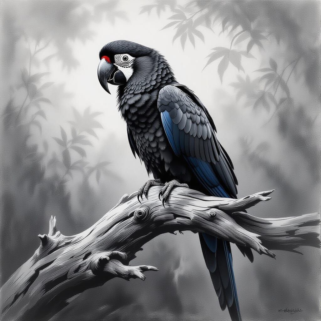 Scarlet Macaw Charcoal Drawing on Tree Limb