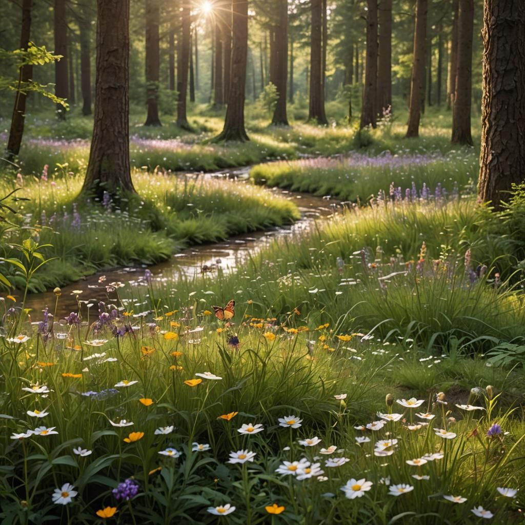 Sunlit Forest Clearing with Stream and Butterflies