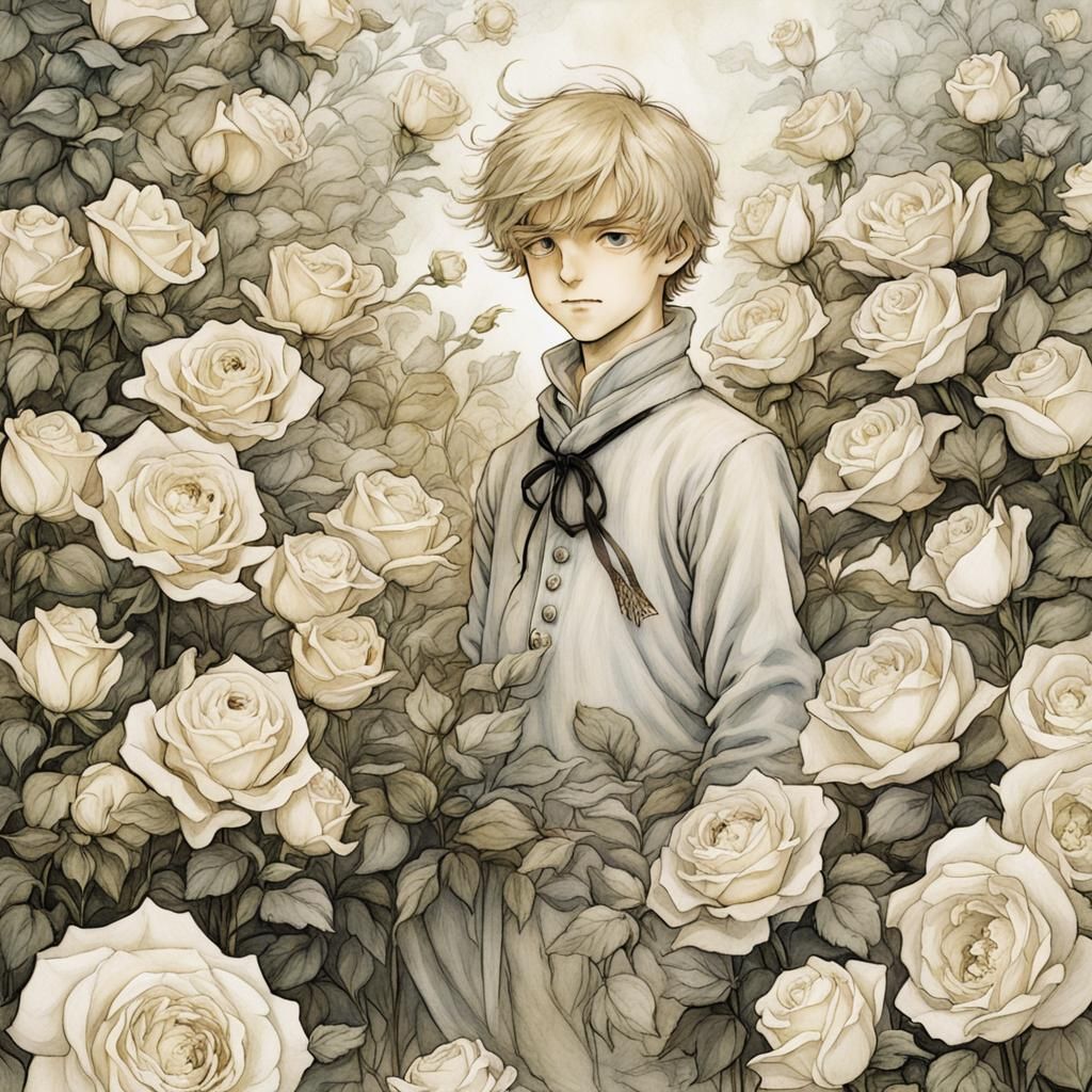Blond Boy in White Roses, Arthur Rackham Style