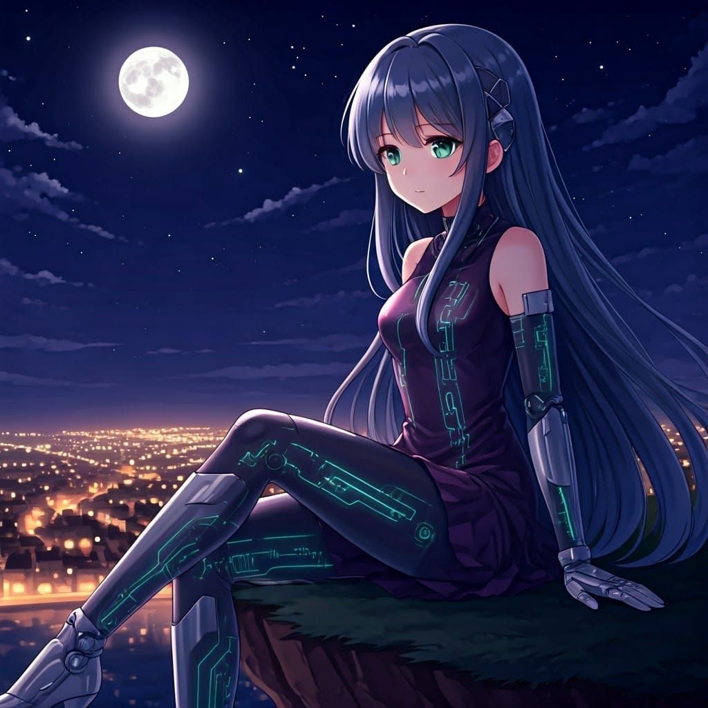 Cybernetic Girl Overlooking City at Night in Anime Style