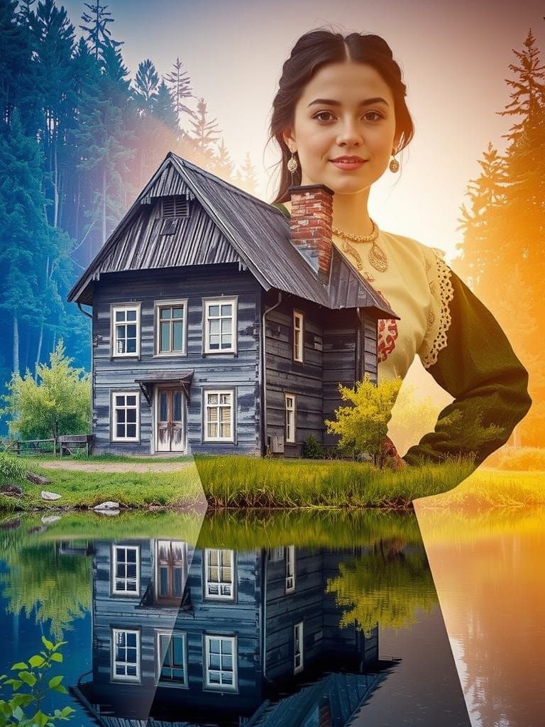 Enchanting Ukrainian Village Scene in Dreamlike Folk Art Sty...