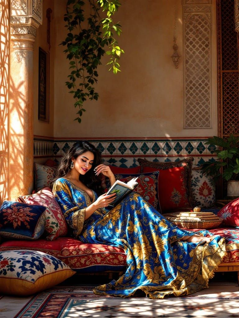 Surreal Moroccan Courtyard Scene in Hyper-Realistic Style