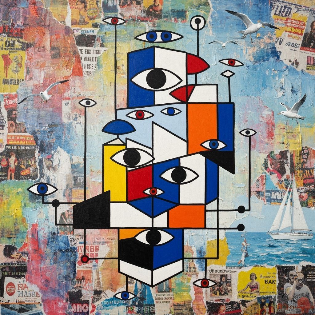Abstract Chess Landscape with Eyes in Cubist Style