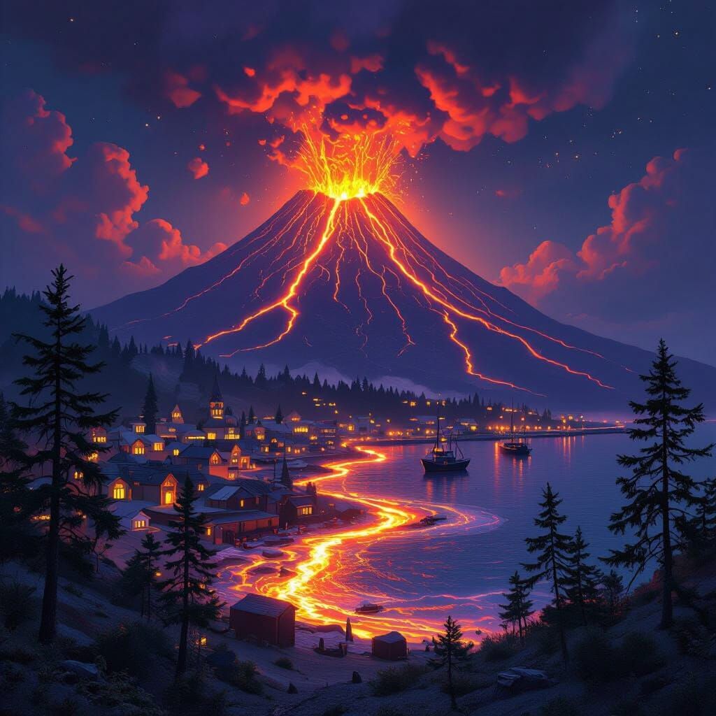 Volcanic Eruption Threatens Harbor in Dark Fantasy Style