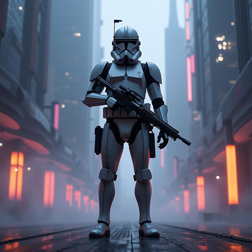 Clone Trooper in Neon Cityscape Concept Art
