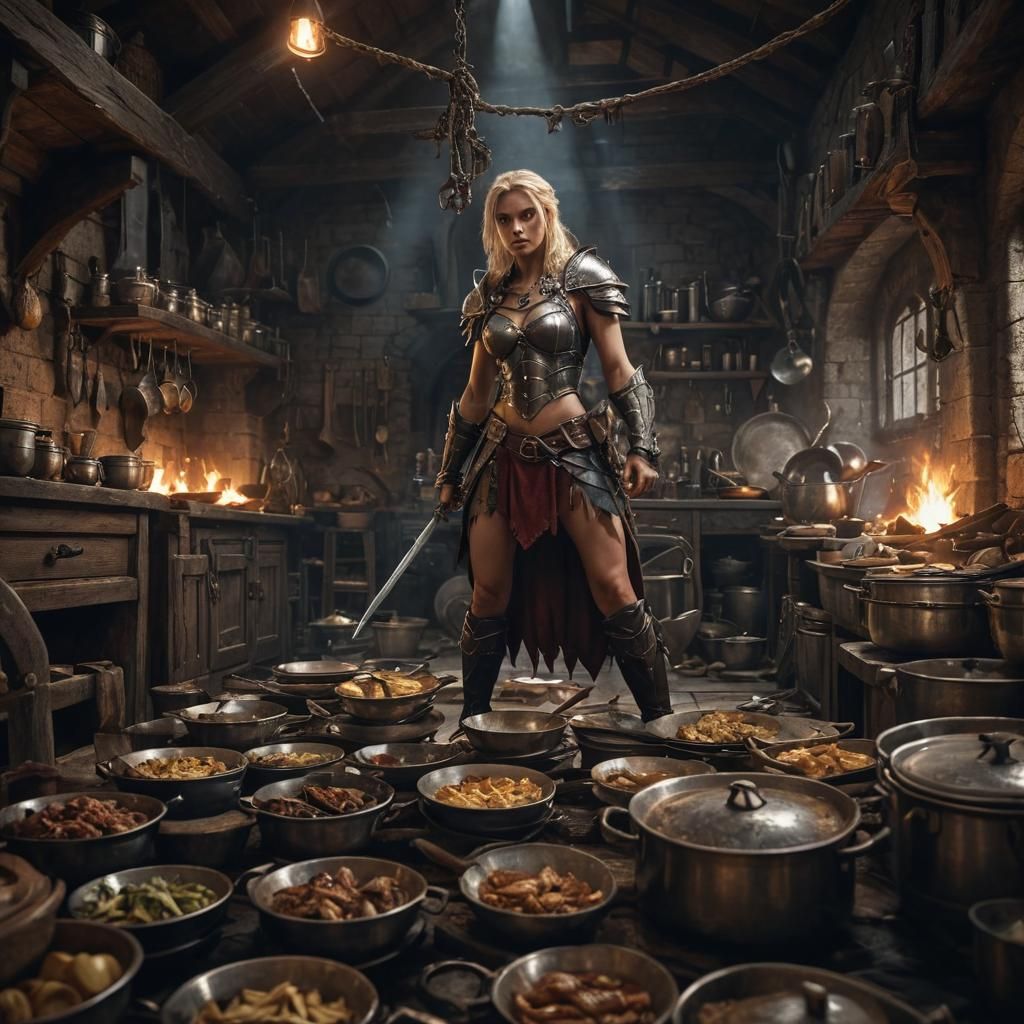Barbarian Warrior Overwhelmed in Haunted Kitchen, D&D Art