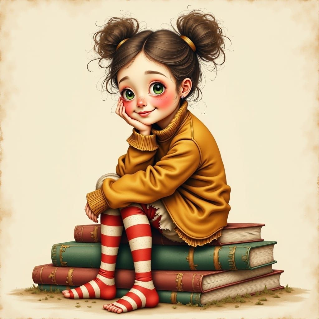 Whimsical Girl Surrounded by Worn Leather Books in Cozy Stud...