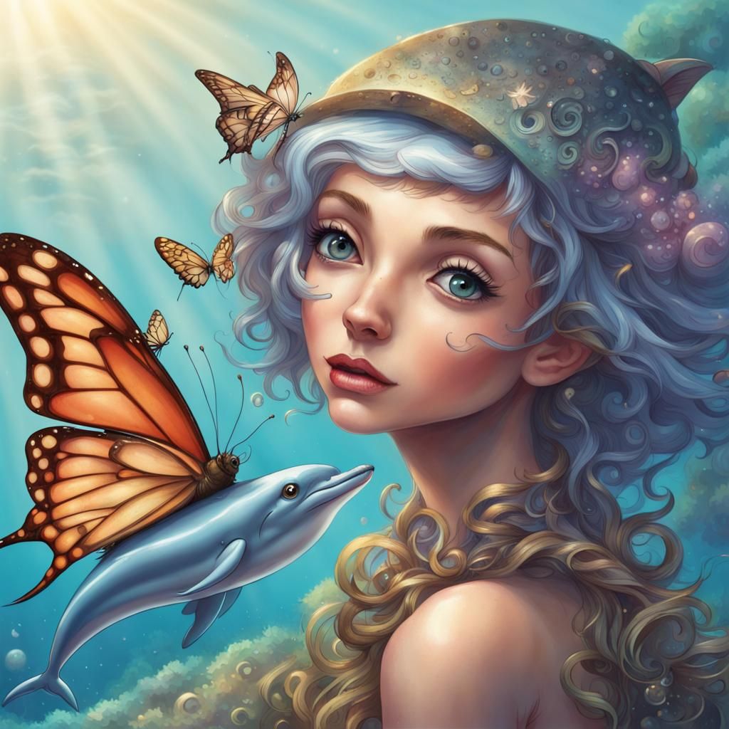 Butterfly-Winged Pixie and Dolphin Fantasy