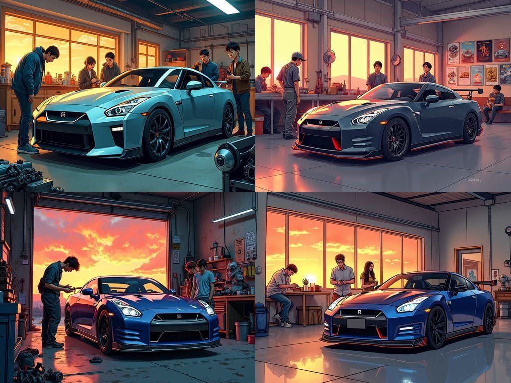Nissan GTR Garage Scene in Vibrant Manga Style
