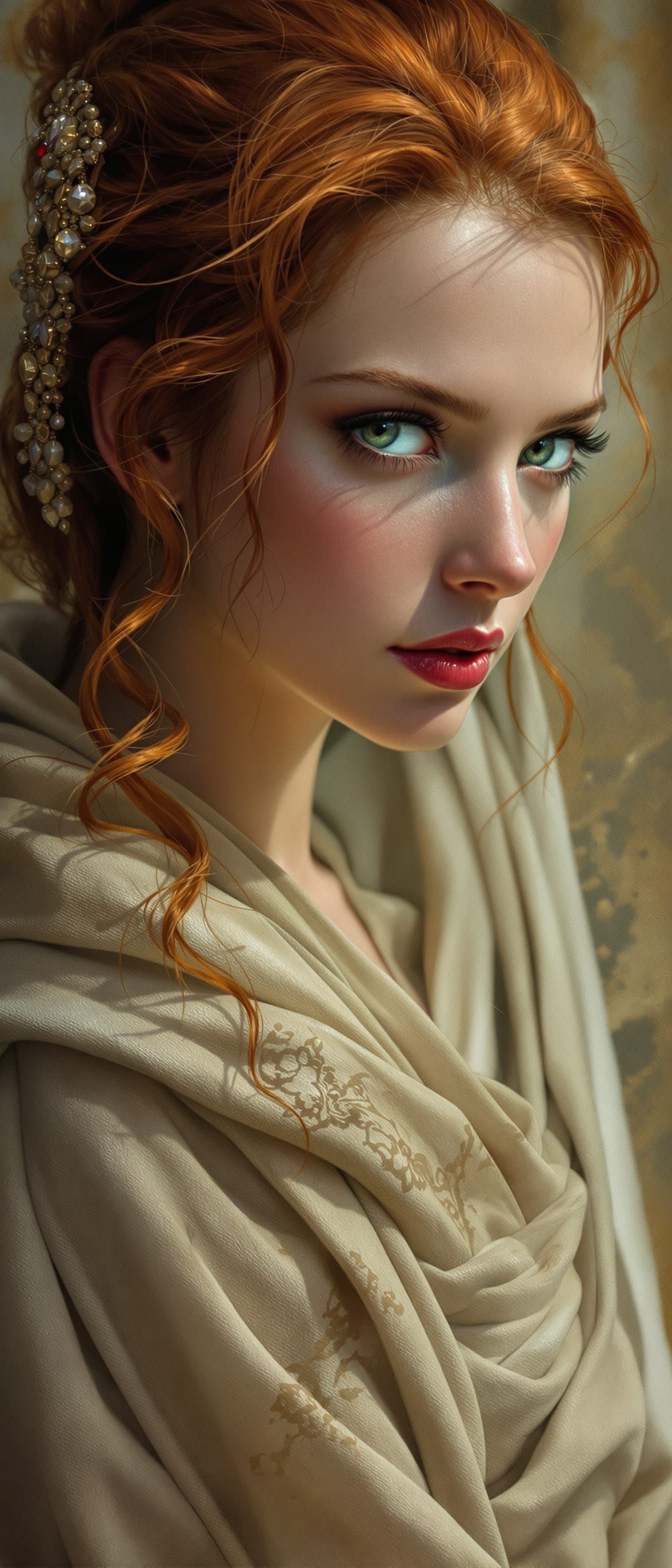 Jedi Lady in Detailed Rococo Toga with Red Hair