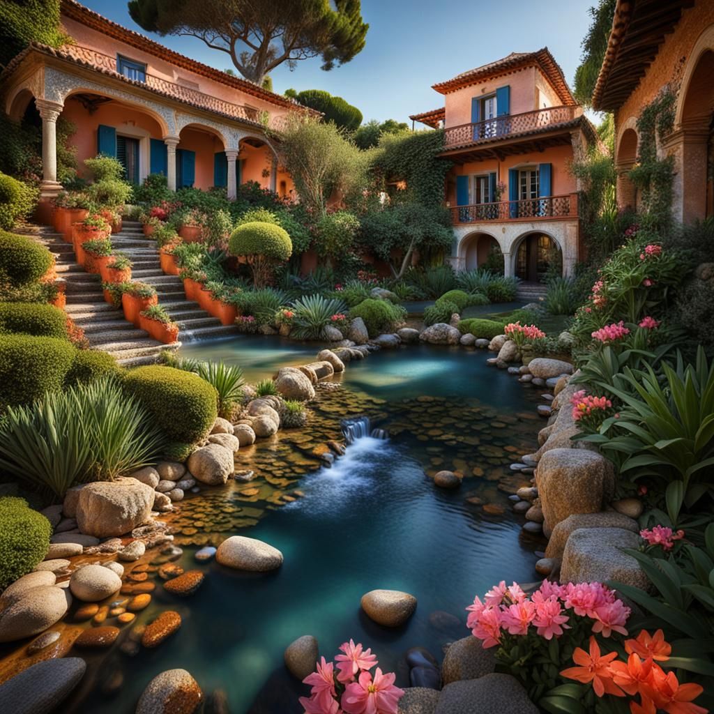 Mediterranean Villa by Stream in Hyperdetailed Digital Art