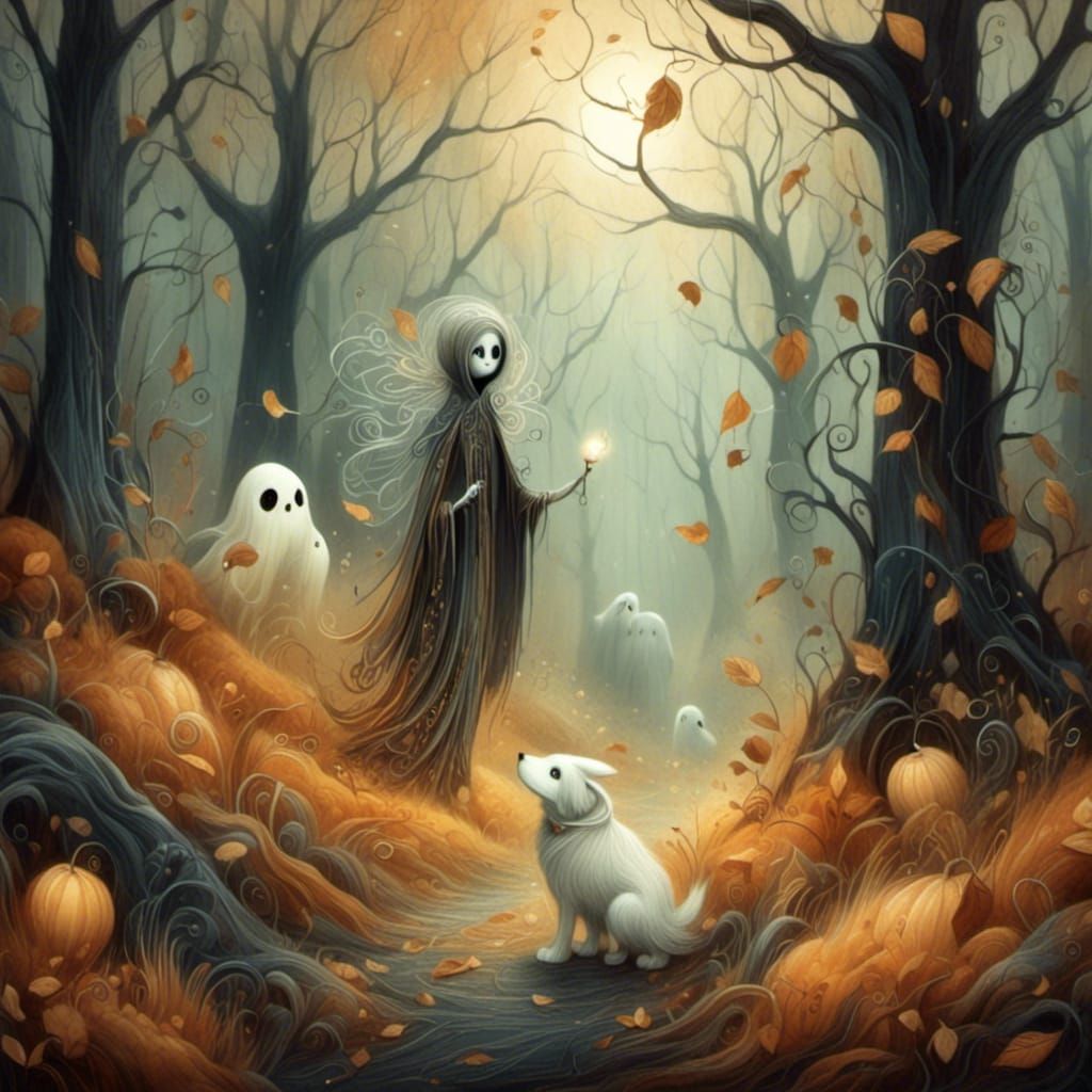 Ethereal Ghost and Puppy in Autumn Forest