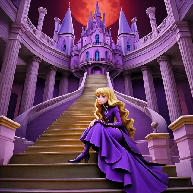 Teenager in Purple Gown on Futuristic Castle Staircase