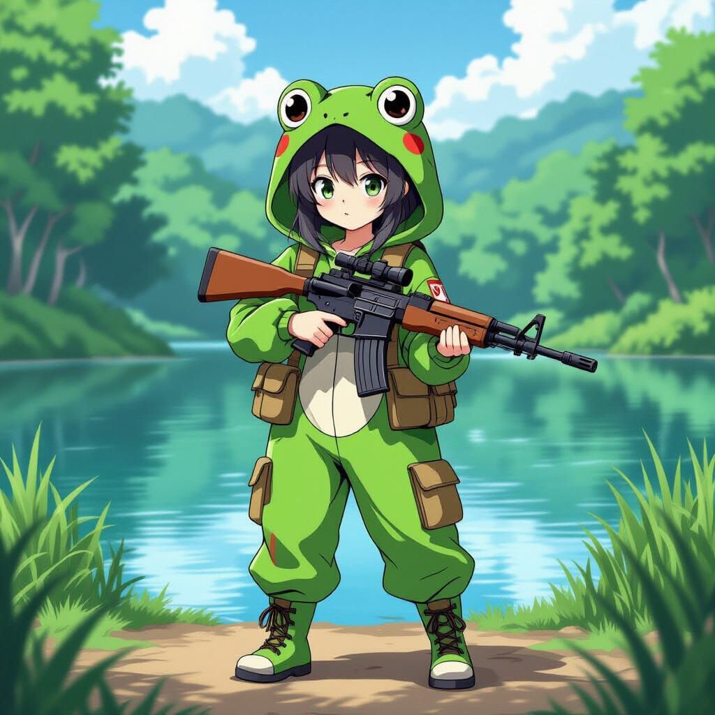 Anime Girl in Frog Kigurumi with AK-74
