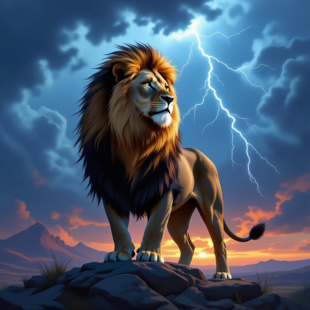 Regal Lion on Rocky Outcrop Under Stormy Sky