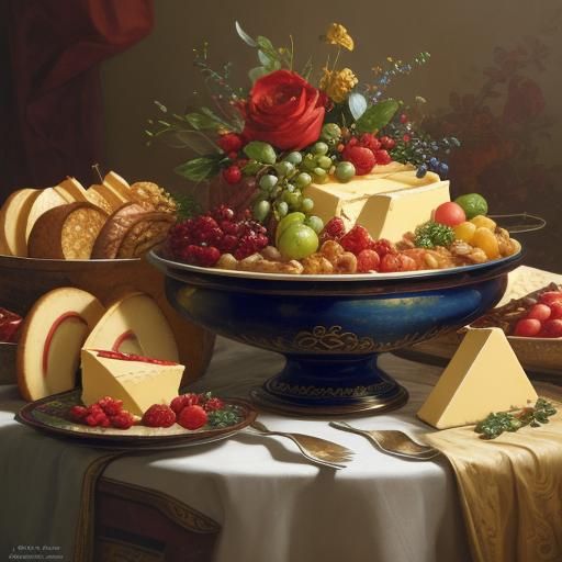 Exotic Fruits and Cheeses on an Ornate Table