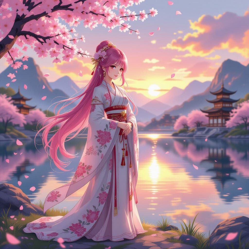 Anime Woman in Hanfu with Cherry Blossoms
