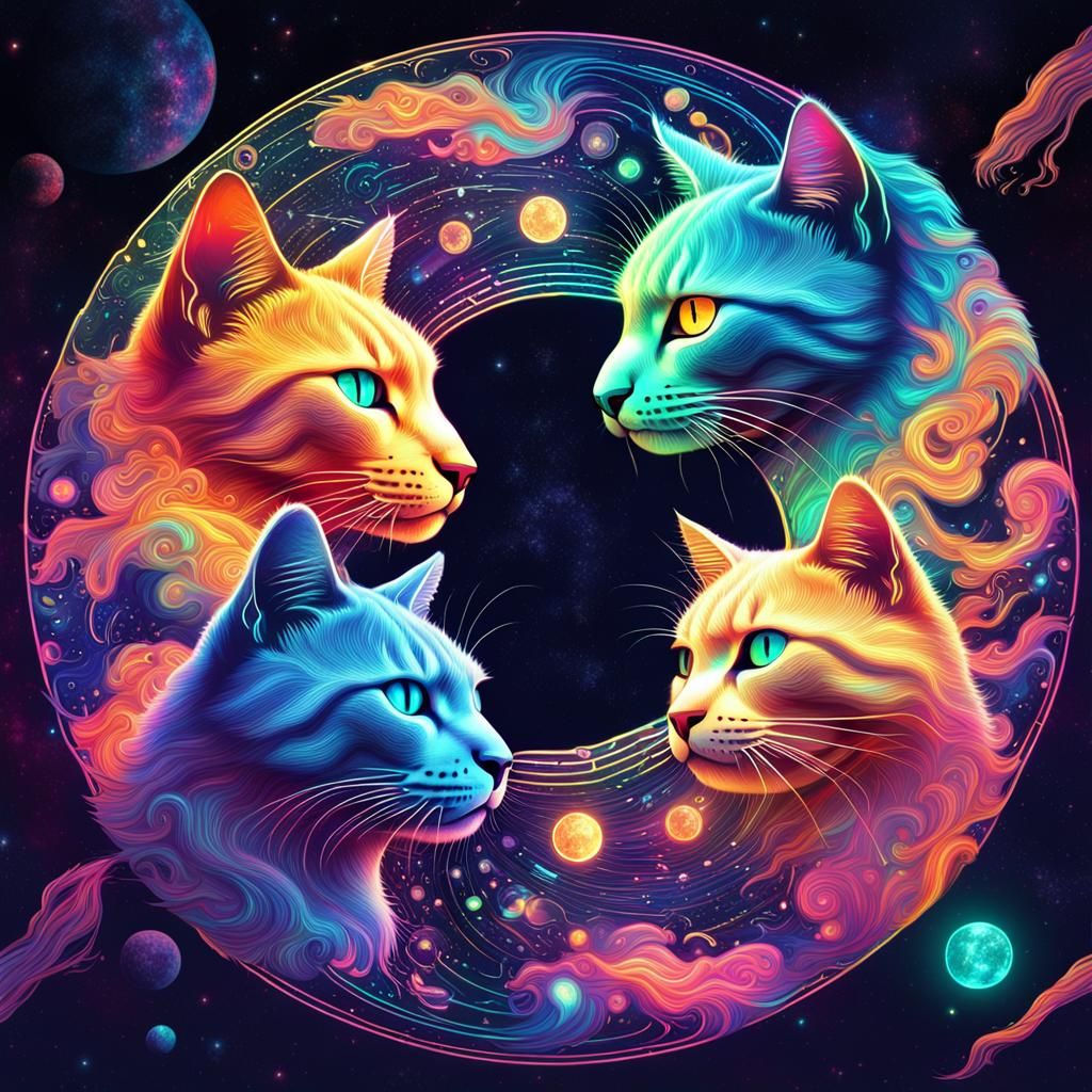 Neon Yin Yang Cats in Cosmic Holographic Style