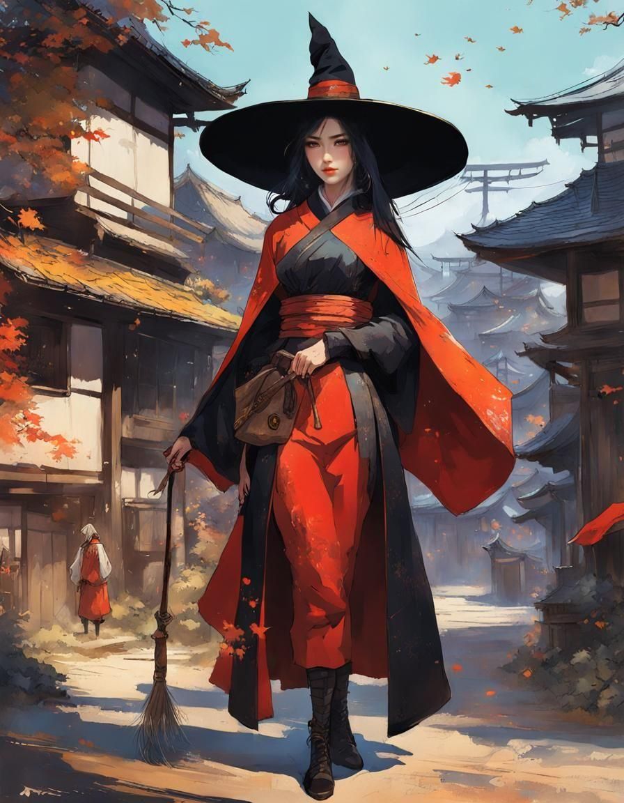 Medieval Japanese Witch in Manga Style