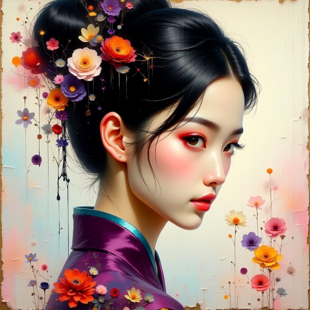 Impressionist Oil Painting of Asian Woman in Plum Qipao