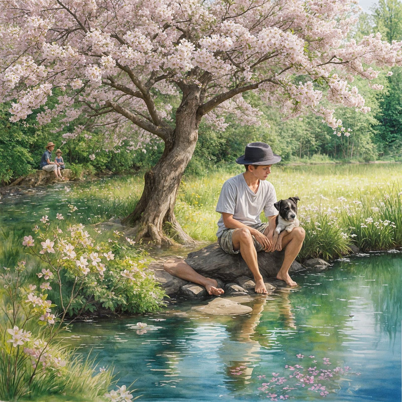 A splattercolour washed out watercolour painting of A young ...