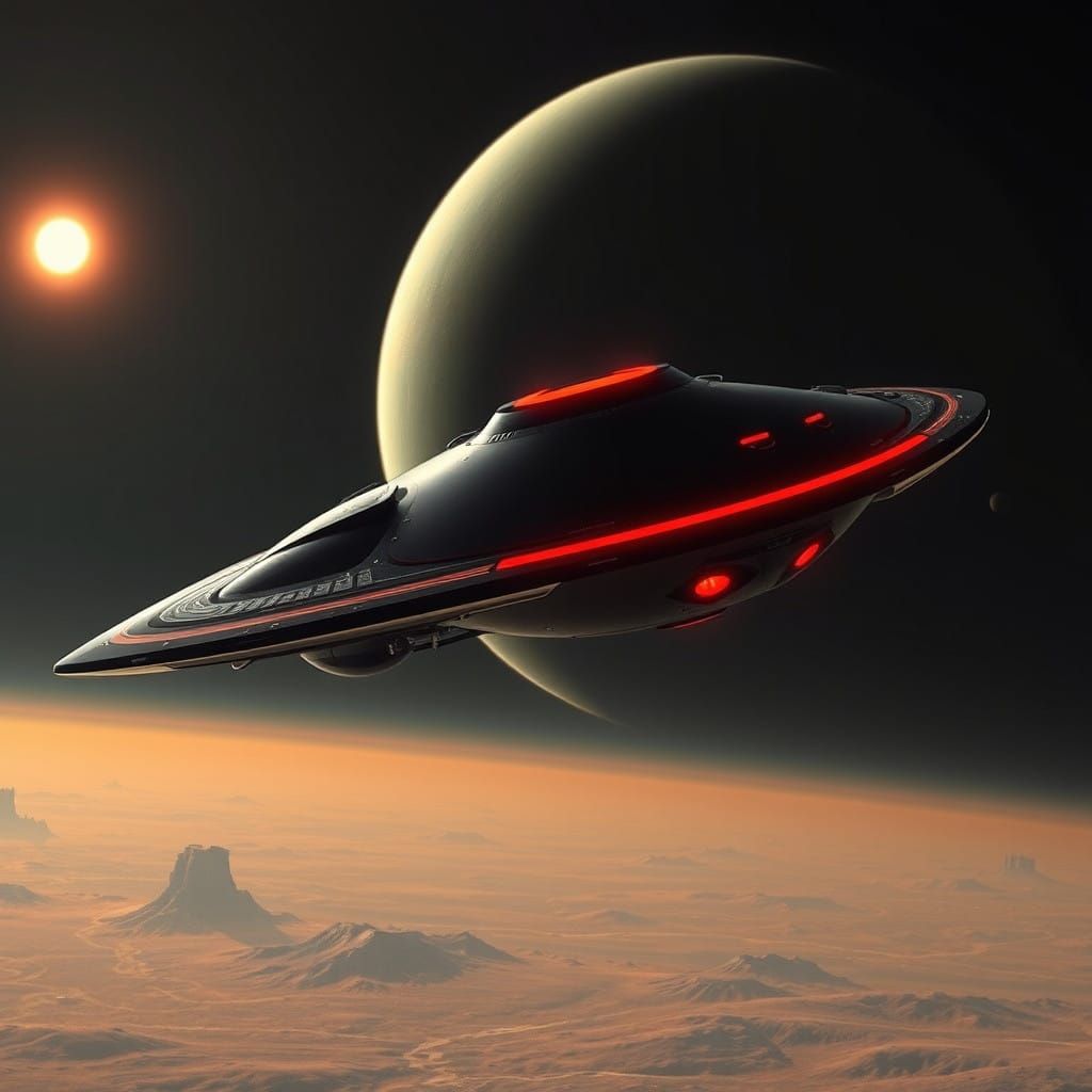 Futuristic Black UFO Soars Over Titan's Icy Skies