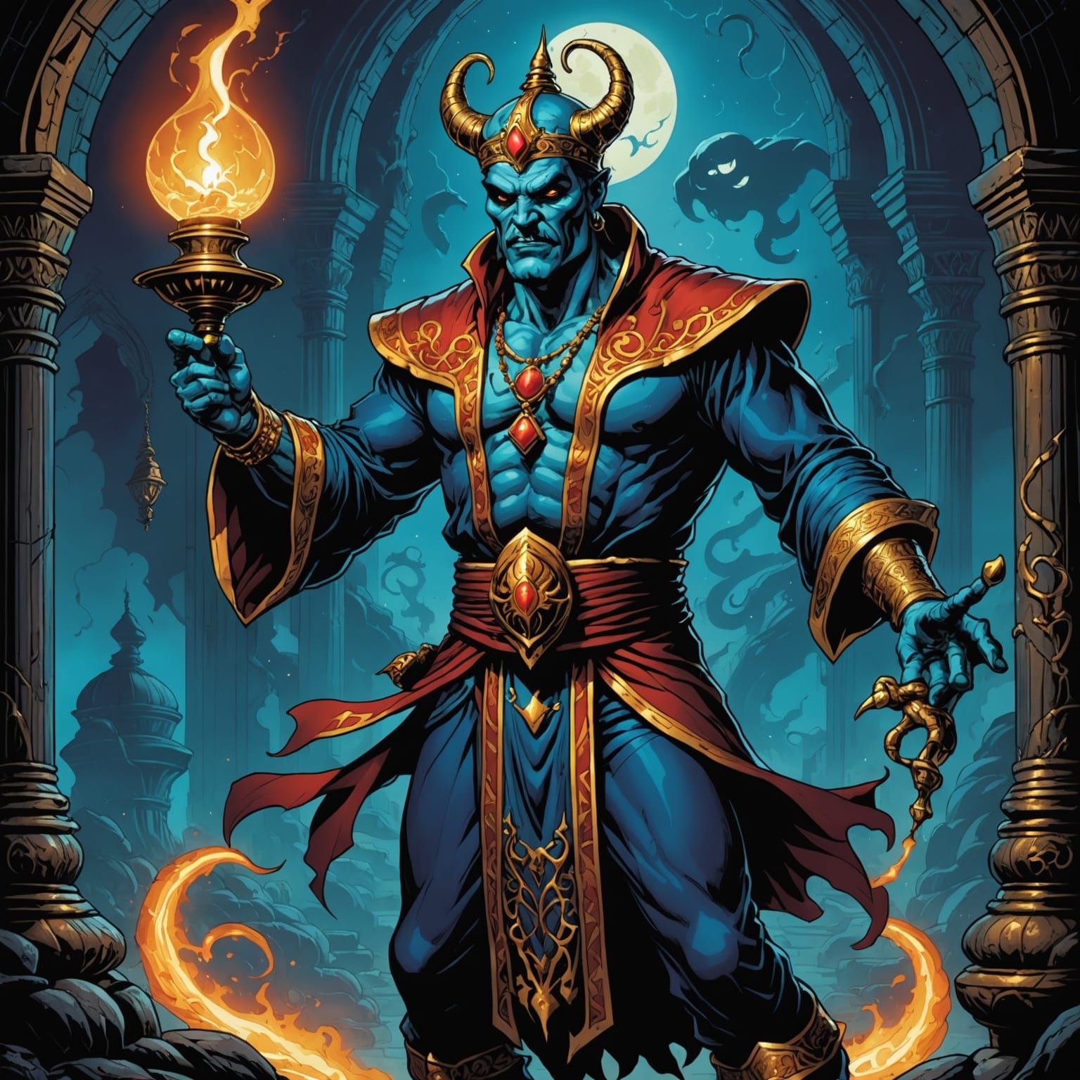 Epic Comic Book Style Evil Genie Rising from the Lamp