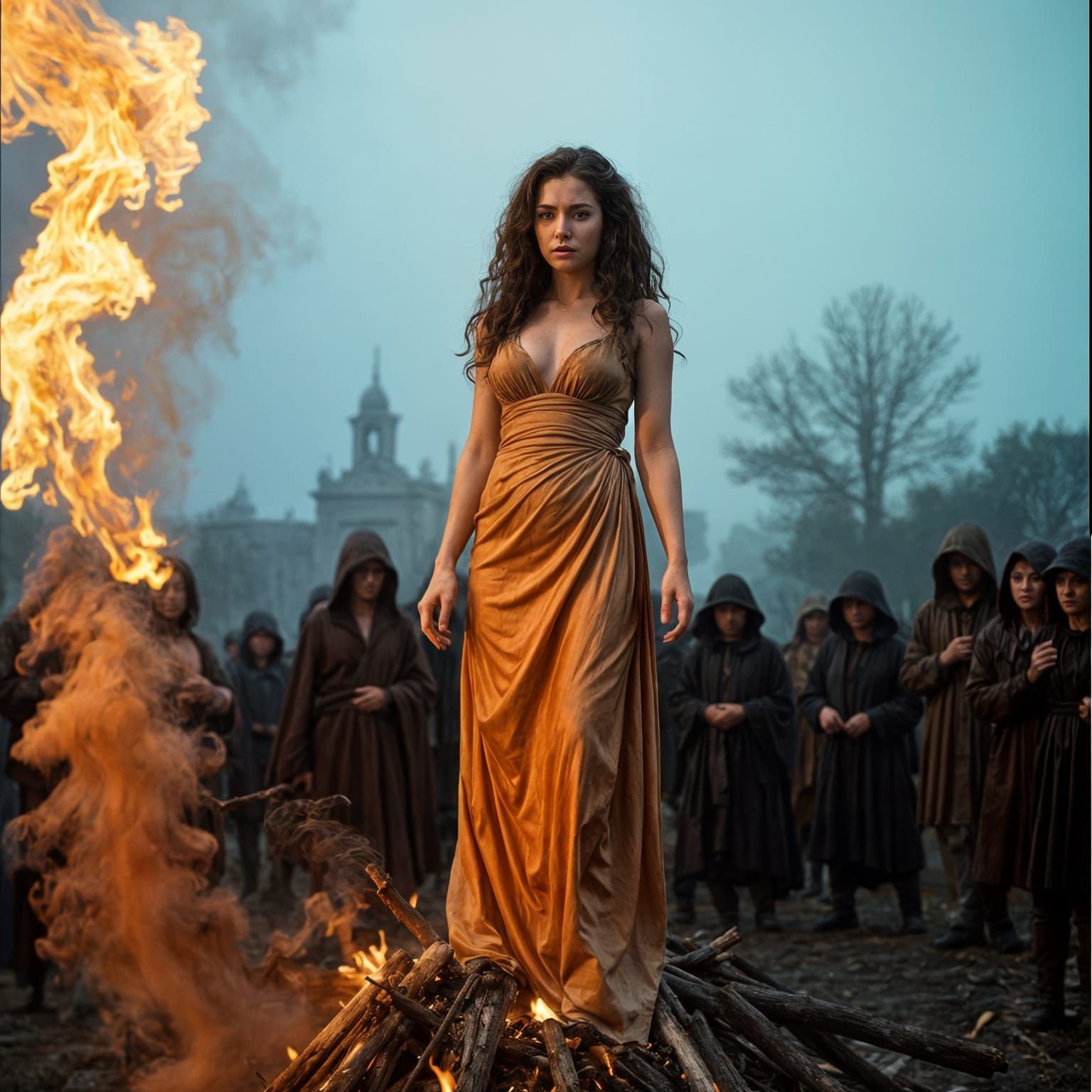 Woman on Pyre Amidst Fear and Rain