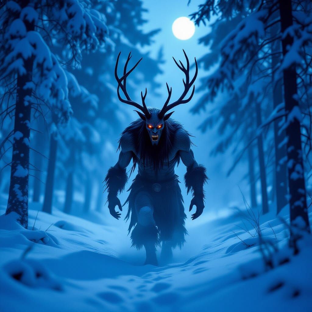 Terrifying Wendigo in Moonlit Snowy Forest