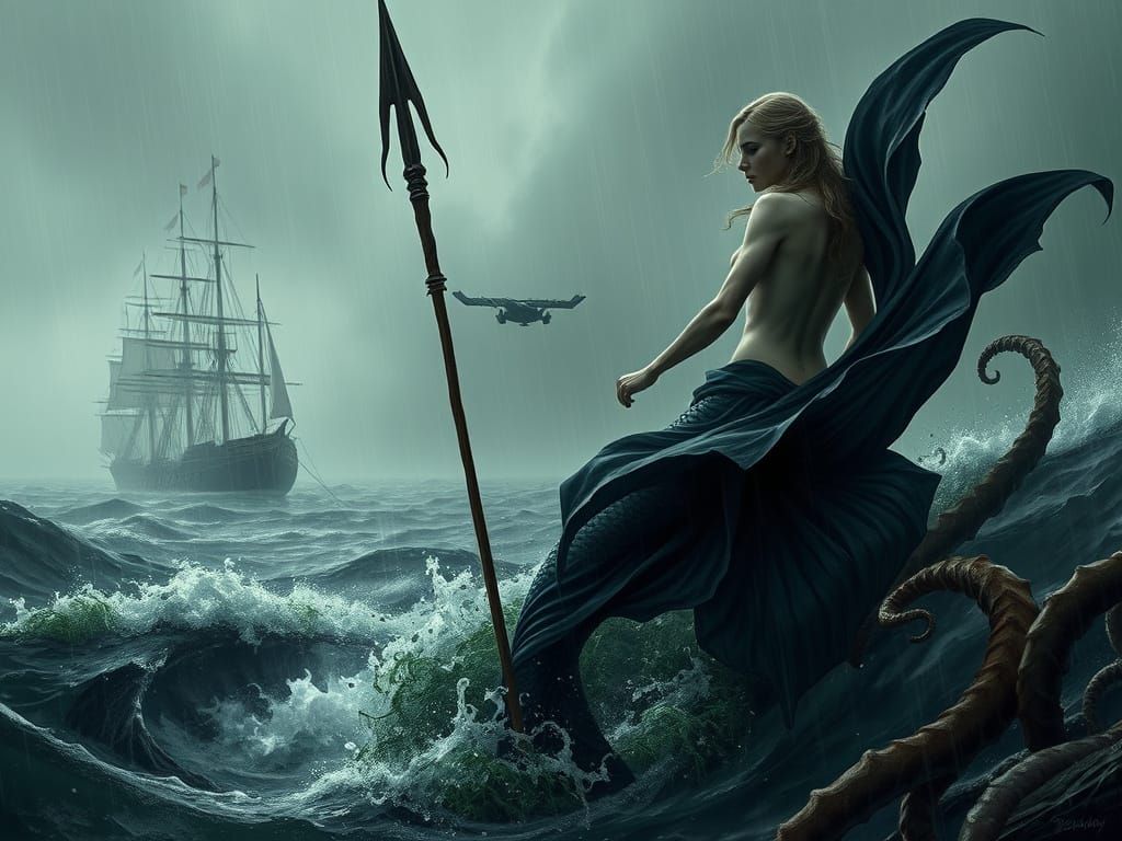 Ominous Mermaid with Spear in Turbulent Sea