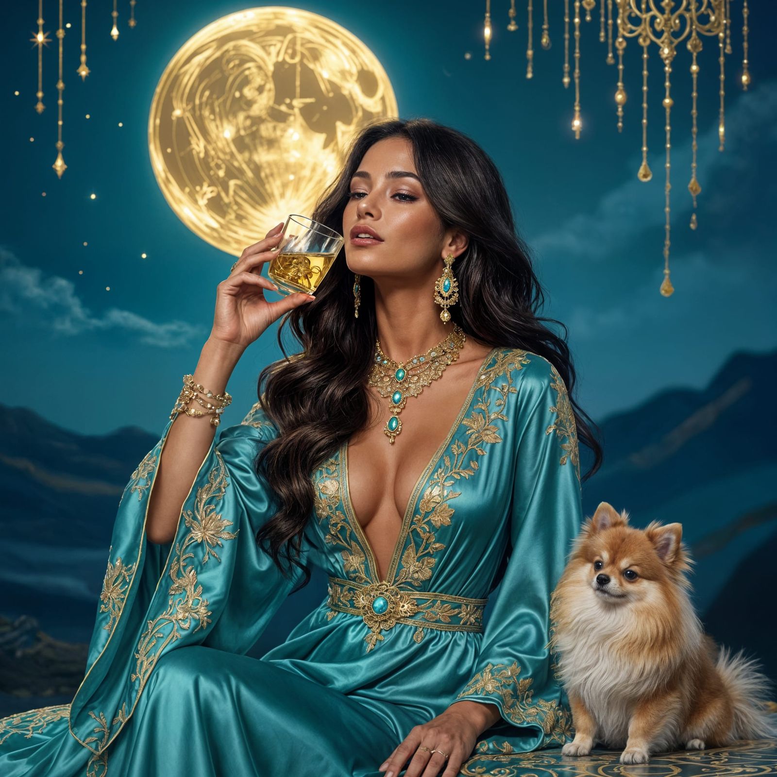 Elegant Woman Sips Tequila Under Gilded Moon