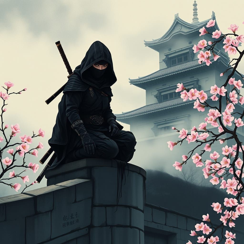 Surreal Kunoichi Ninja Perched on Castle Wall, Surrounded by...