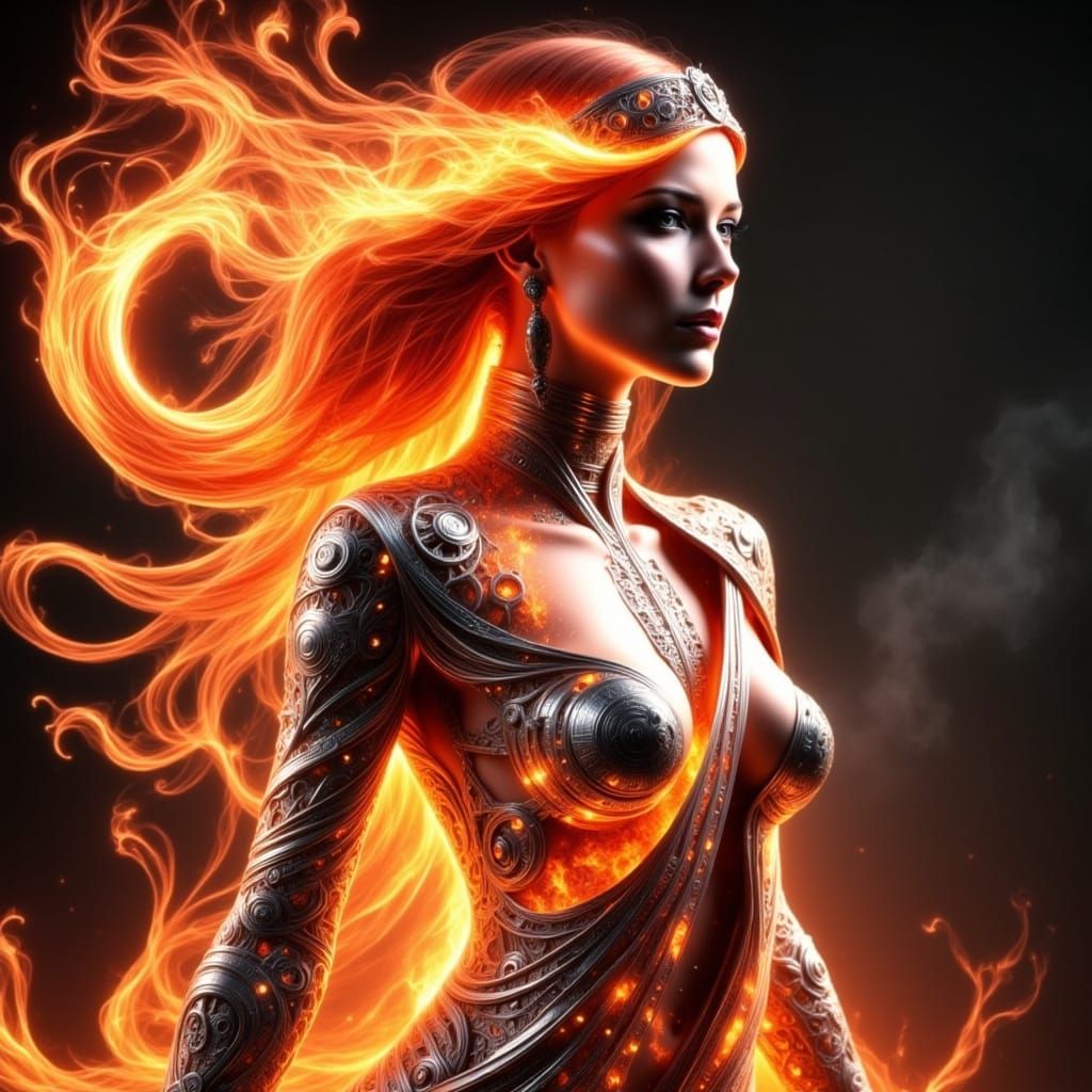 Fiery Woman Emerging from Steampunk Lighter