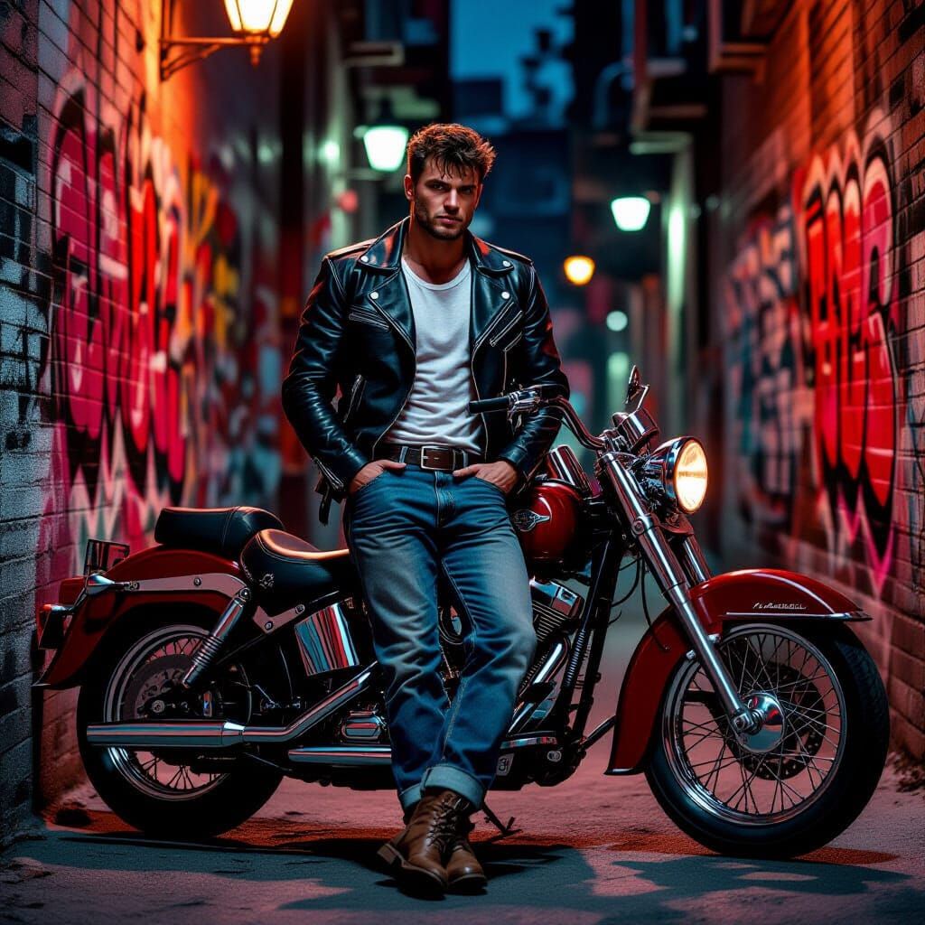 Rebellious Greaser in Urban Alleyway: Biker Culture Photogra...