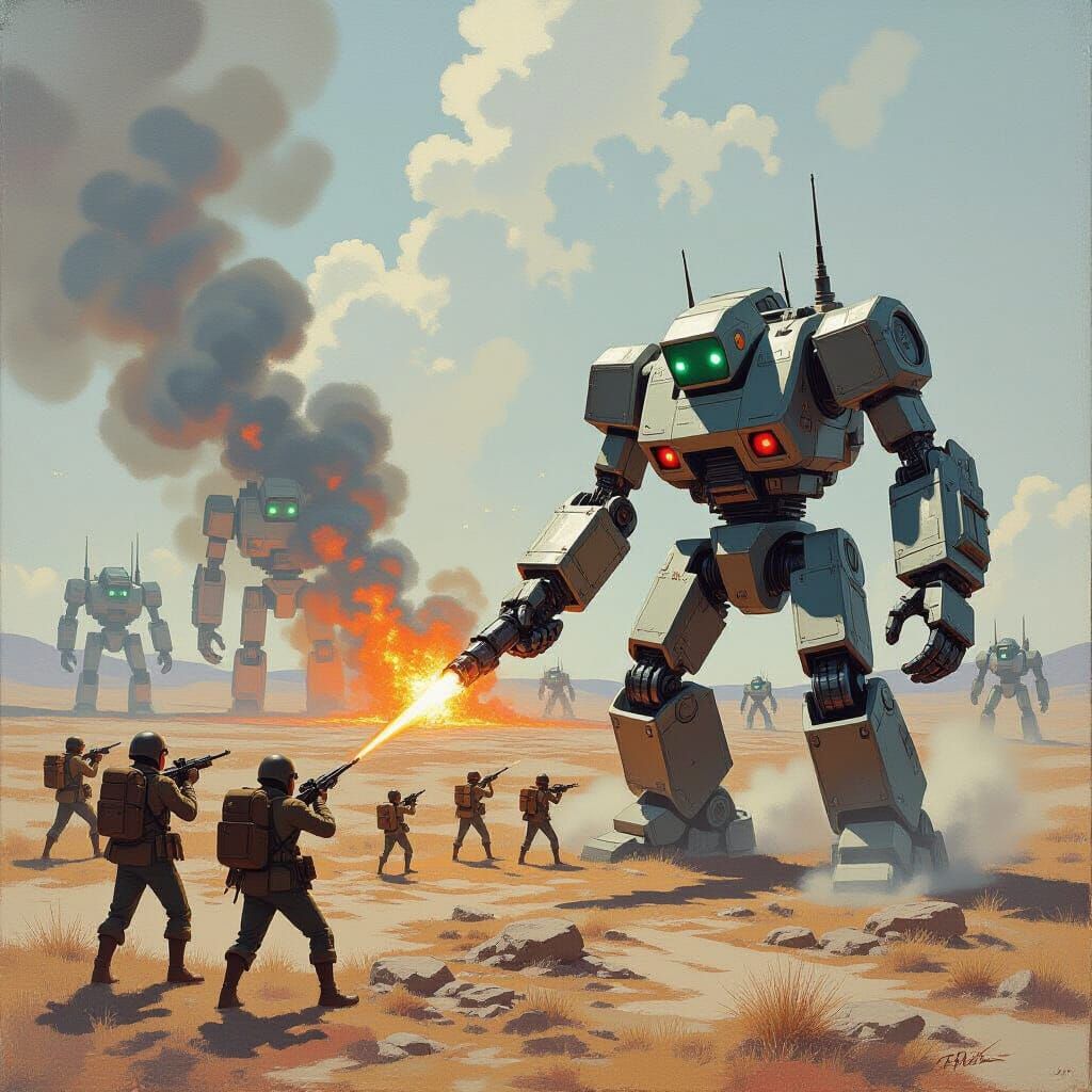 Robots Stop Human War: Oil Painting
