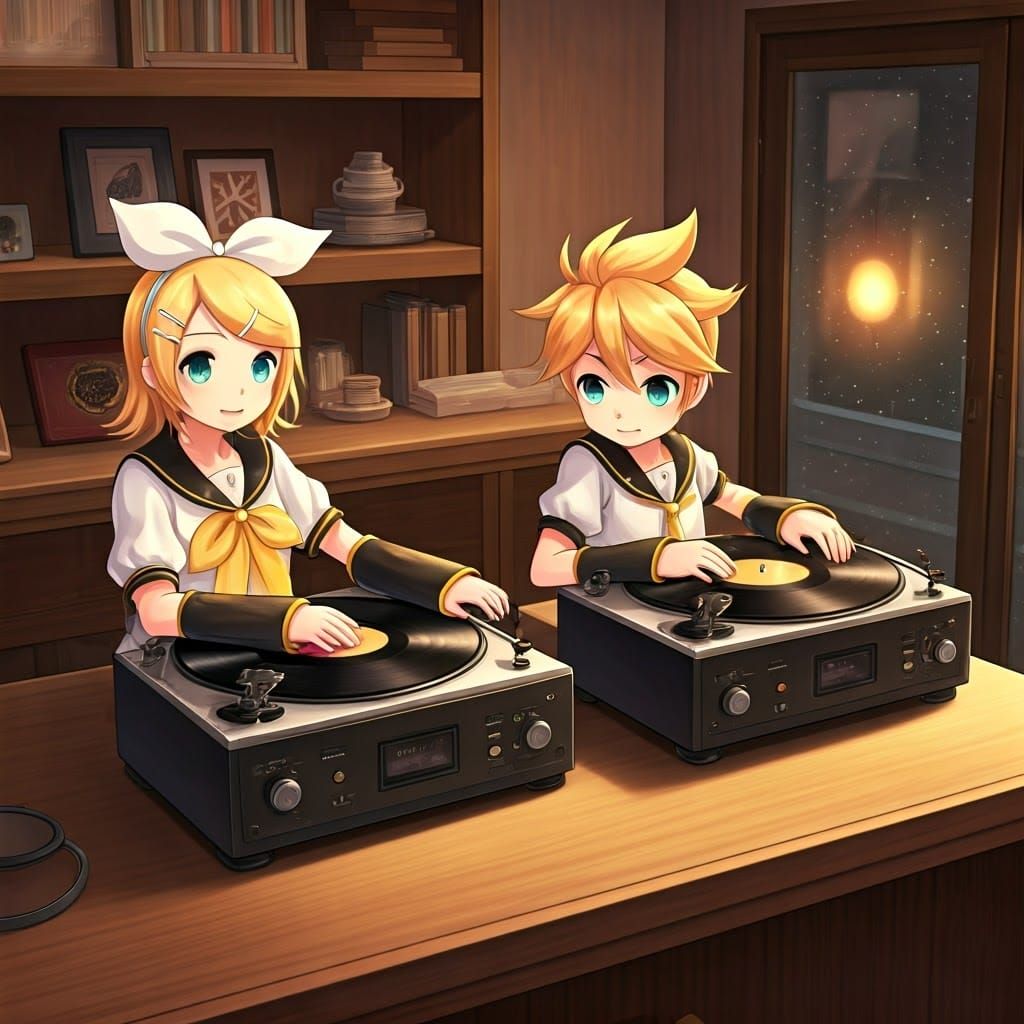 Kagamine Rin and Len DJing in Living Room