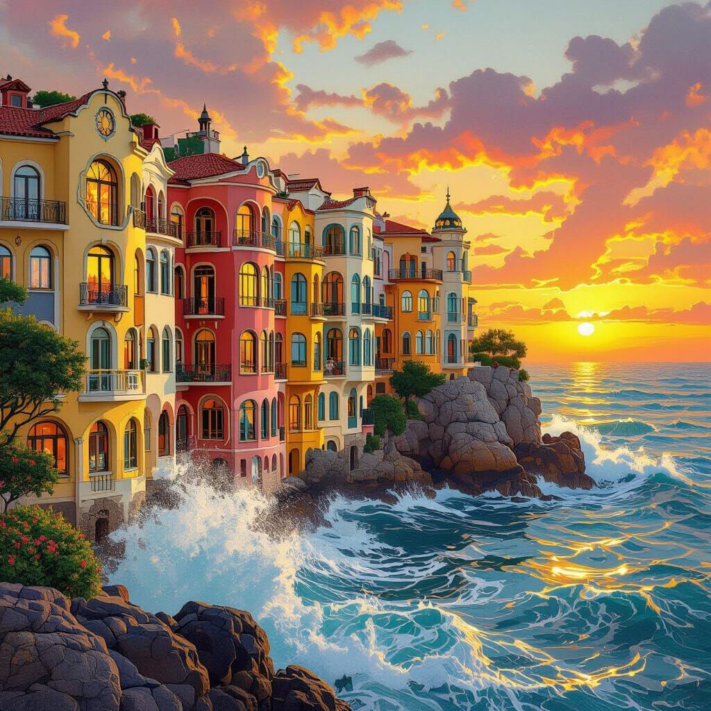 Art Nouveau Cornish Village Sunset Reflection