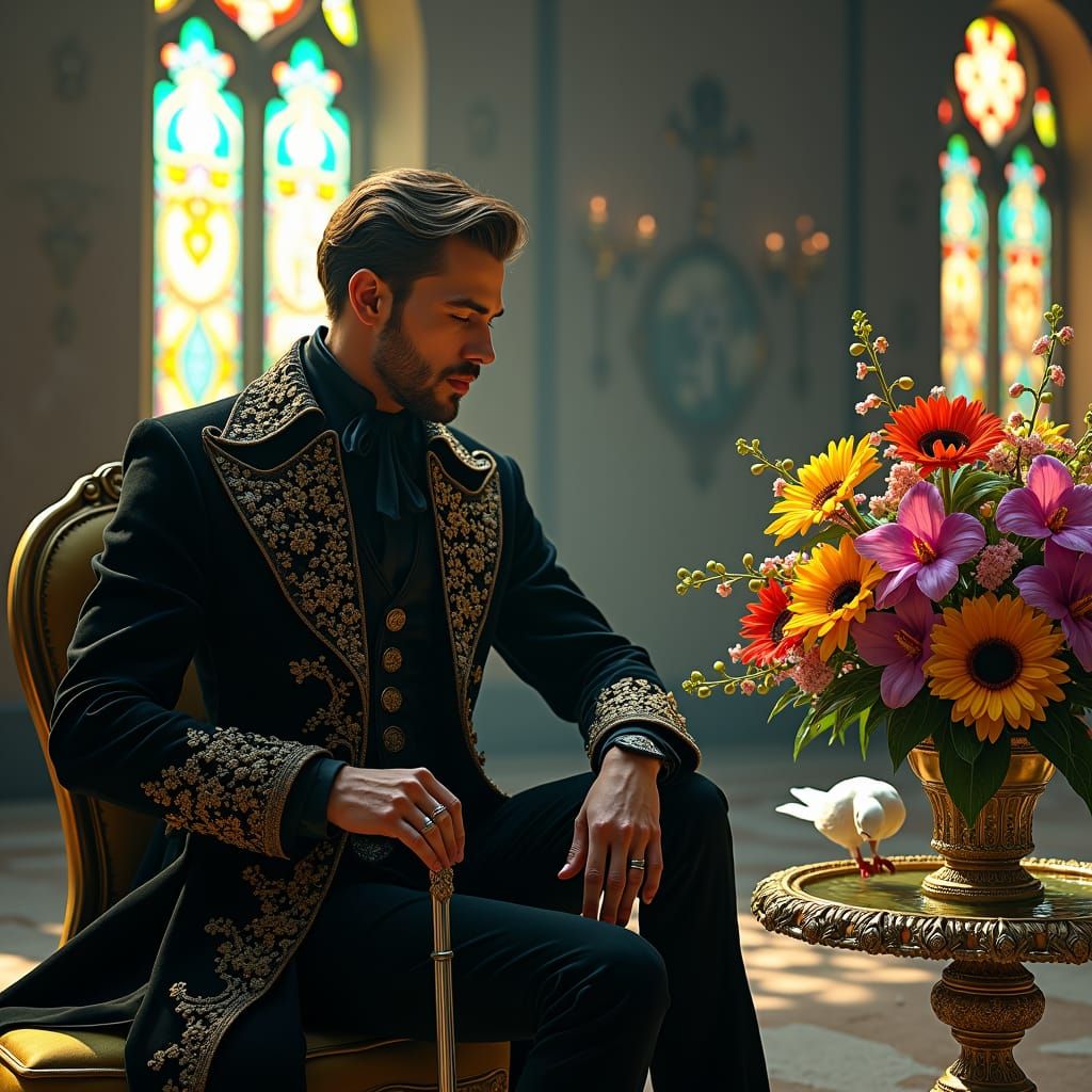 Gothic Man with Dove and Flowers in Ornate Chamber