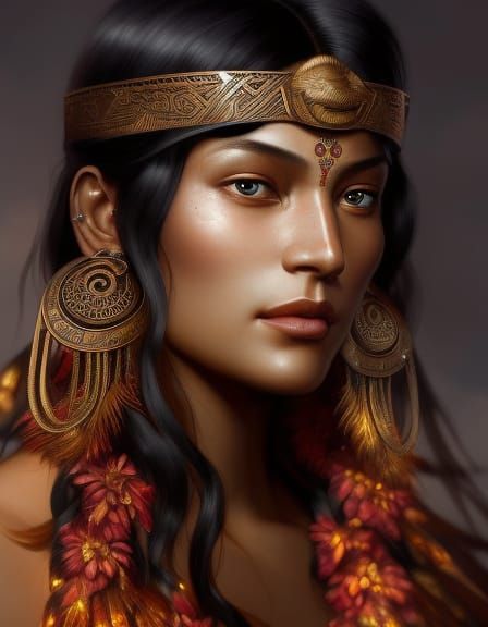 Mahuika: Maori Fire Goddess Portrait in Art Nouveau Style