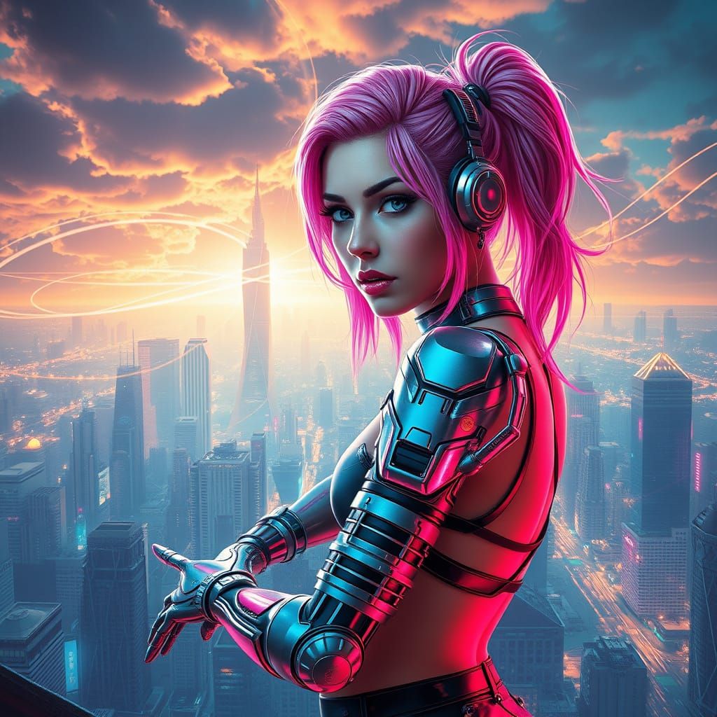 Cyberpunk Woman with Neon Hair in Futuristic Cityscape