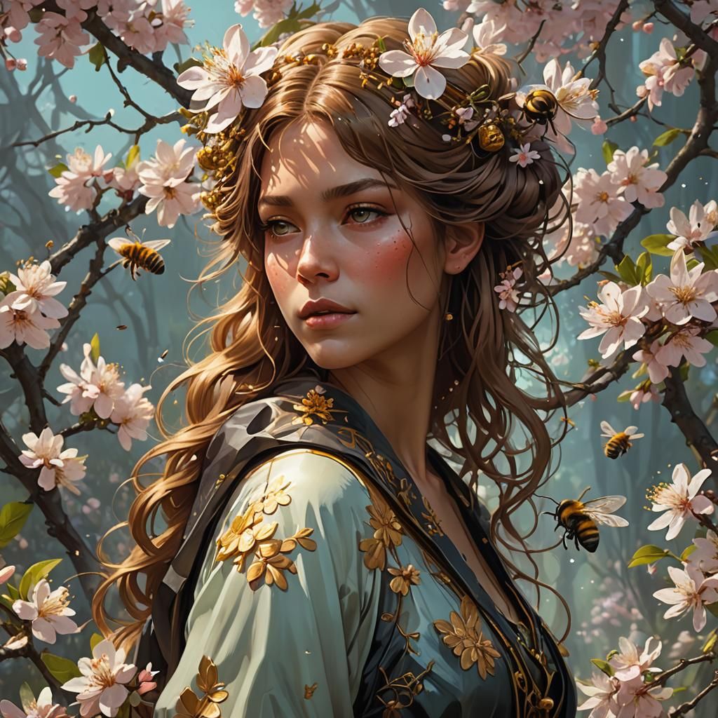 Honeyed Woman with Blossoms, Art Nouveau Portrait
