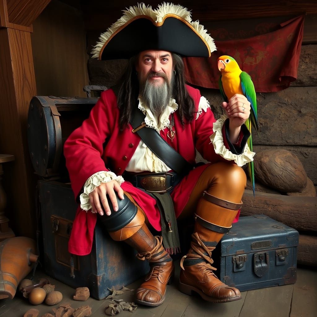 1700s Pirate with Parrot and Wooden Leg