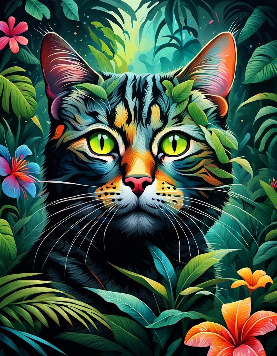 Surreal Tabby Cat Portrait in Misty Jungle