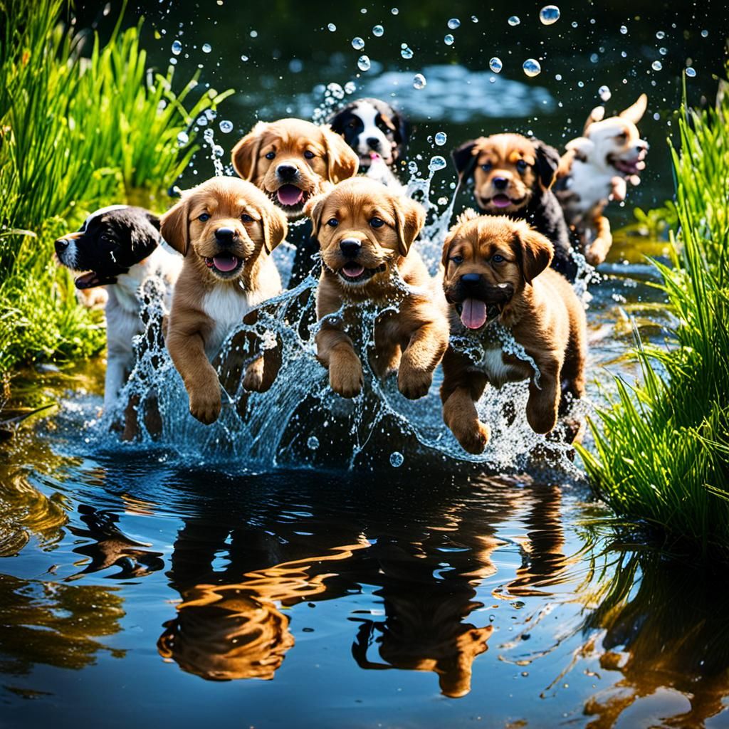 Puppies Splashing Happily in a Pond