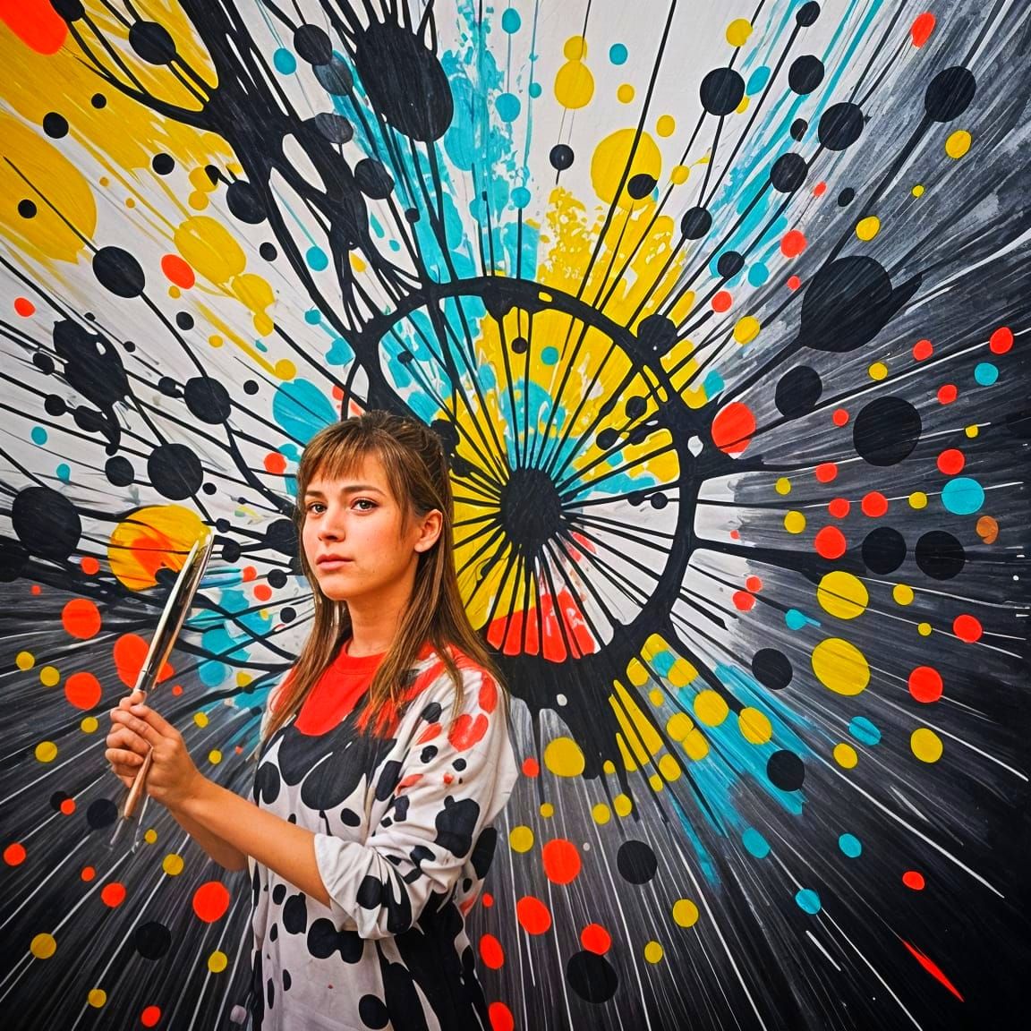 Artist Splashes Paint on Wall in Dynamic Art Style