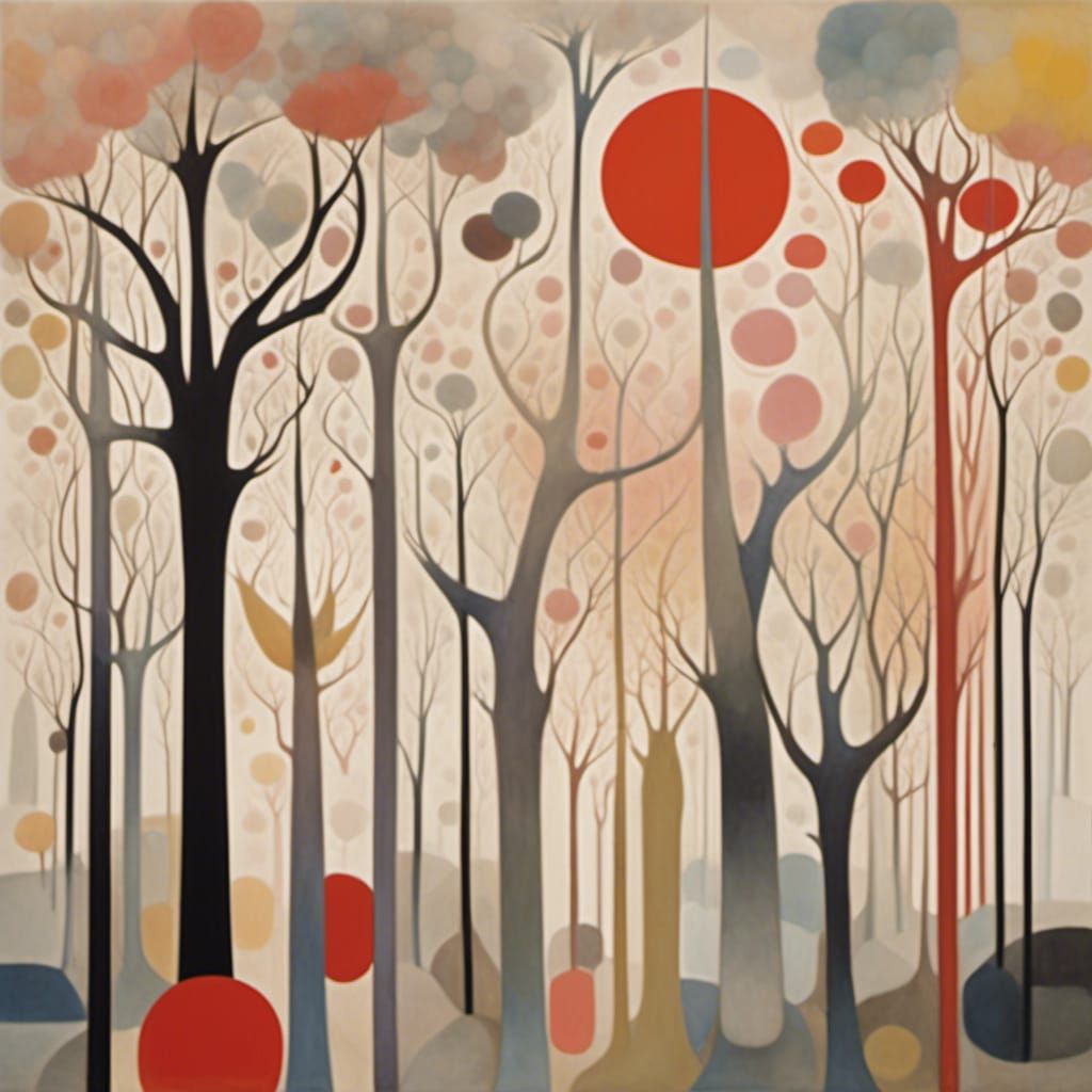 Abstract Forest with Swirling Shapes in Muted Hues