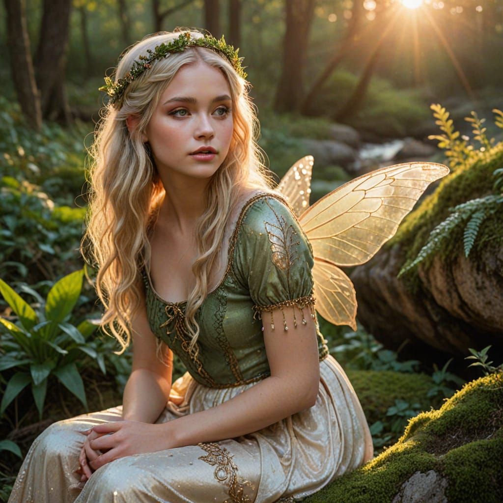 Whimsical Fairy Watches Sunset on Moss-Covered Rock