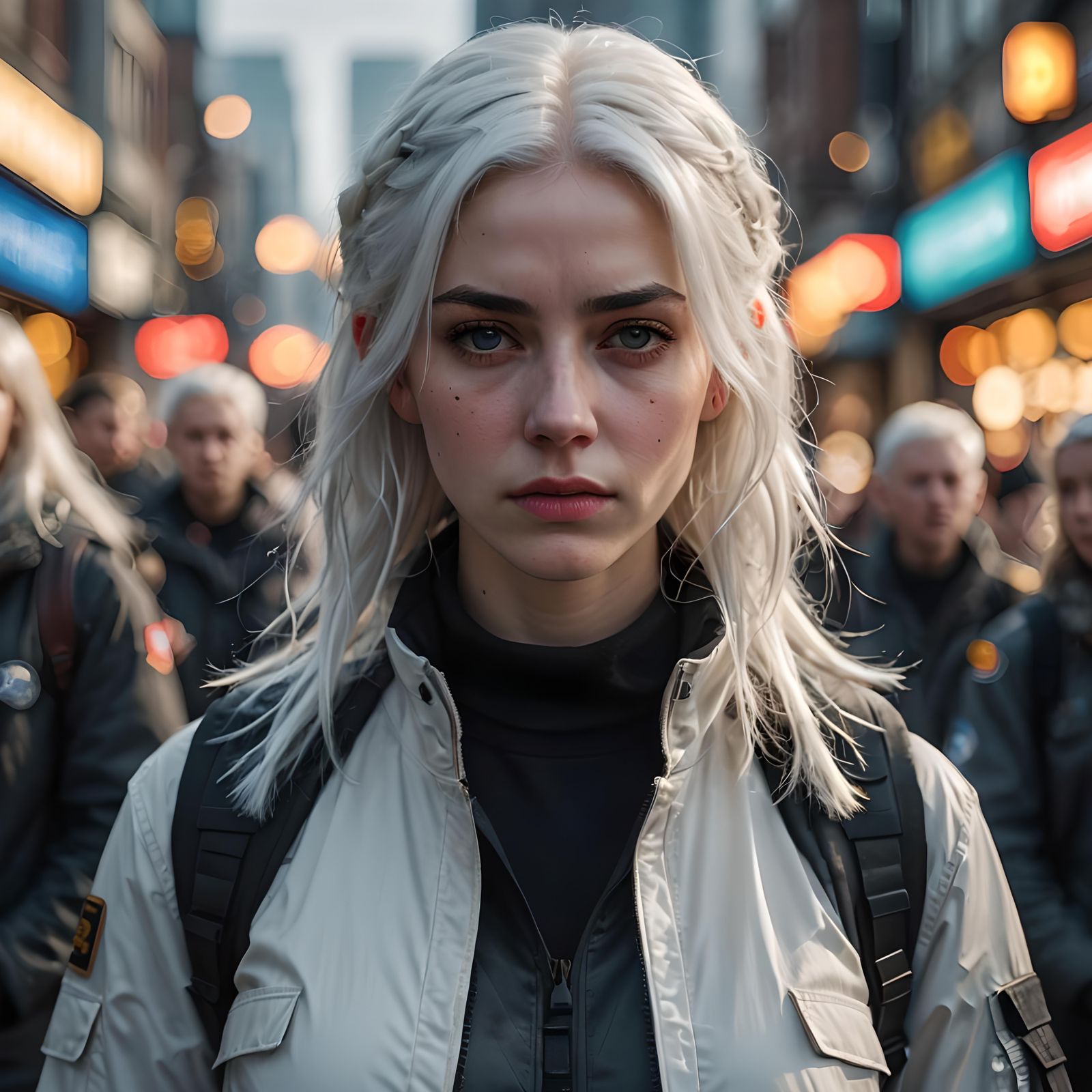 Sad Young Woman in Survival Gear: Photorealistic Portrait